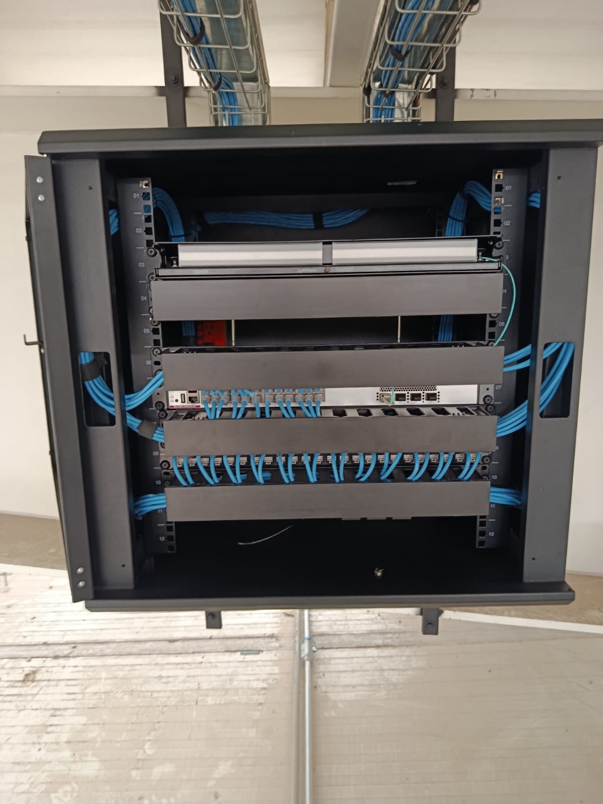 Gabinete de comunicaciones con equipos y conexiones de cableado